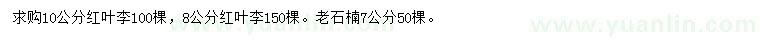 求購8、10公分紅葉李、7公分老石楠
