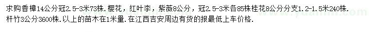 求購香樟、櫻花、紅葉李等