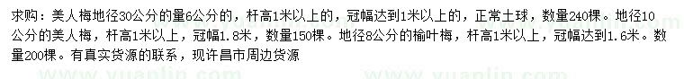 求購地徑30公分量6、10公分美人梅、地徑8公分榆葉梅