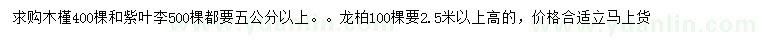求購木槿、紫葉李、龍柏