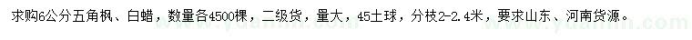 求購6公分五角楓、白蠟