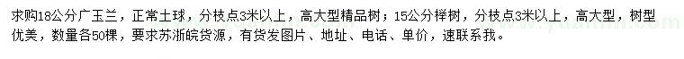 求購18公分廣玉蘭、15公分櫸樹