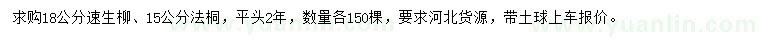 求購(gòu)18公分速生柳、15公分法桐
