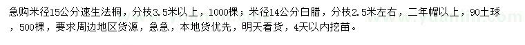 求購(gòu)米徑15公分速生法桐、米徑14公分白臘