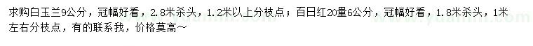 求購(gòu)9公分白玉蘭、20量6公分百日紅
