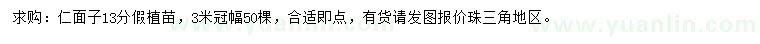 求購13公分仁面子假植苗