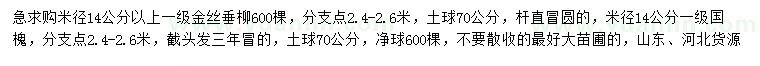求購米徑14公分金絲垂柳、國槐