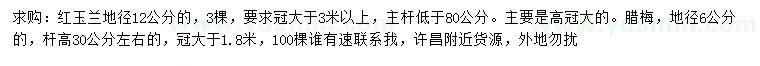 求購地徑12公分紅玉蘭、6公分臘梅