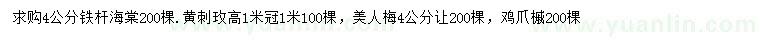 求購鐵桿海棠、黃刺玫、美人梅等