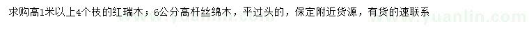 求購高1米以上4個枝紅瑞木、6公分高桿絲綿木