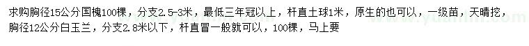 求購(gòu)胸徑15公分國(guó)槐、胸徑12公分白玉蘭