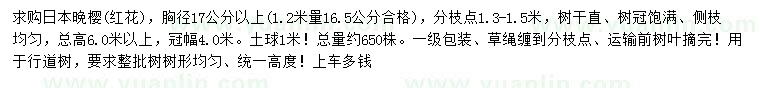 求購1.2米量胸徑17公分以上日本晚櫻