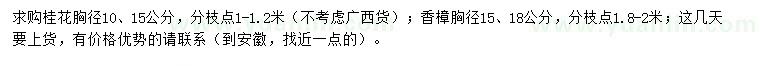 求購胸徑10、15公分桂花、胸徑15、18公分香樟
