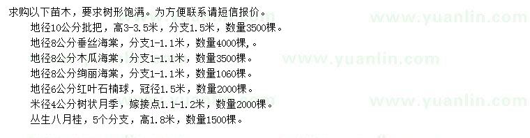 求購批把、垂絲海棠、木瓜海棠等