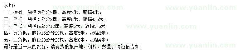 求購(gòu)櫸樹(shù)、烏桕、五角楓等