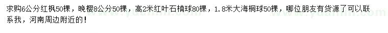 求購紅楓、晚櫻、紅葉石楠球等