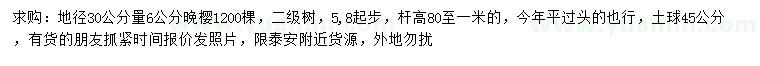 求購(gòu)地徑30公分量6公分晚櫻