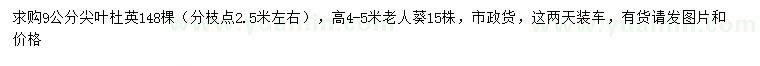 求購(gòu)9公分尖葉杜英、高4-5米老人葵