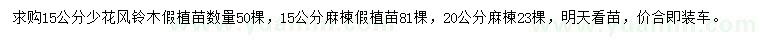 求購(gòu)15公分少花風(fēng)鈴木、15、20公分麻楝