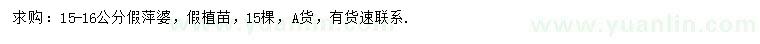 求購15-16公分假萍婆