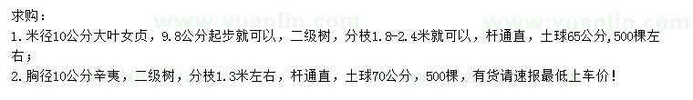求購米徑10公分大葉女貞、胸徑10公分辛夷