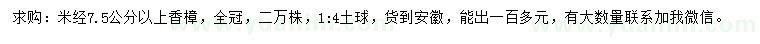 求購米經(jīng)7.5公分以上香樟