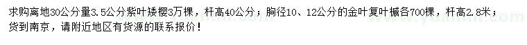 求購(gòu)30量3.5公分紫葉矮櫻、胸徑10、12公分金葉復(fù)葉槭
