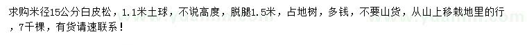 求購米徑15公分白皮松