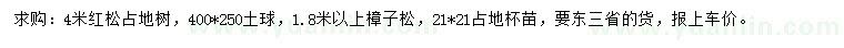 求購4米紅松、1.8米以上樟子松