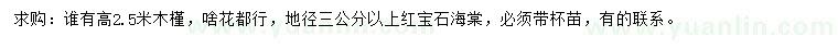求購高2.5米木槿、地徑3公分以上紅寶石海棠