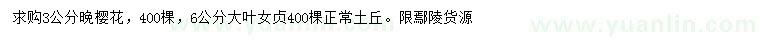 求購3公分晚櫻、6公分大葉女貞