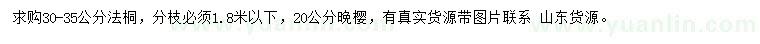 求購30-35公分法桐、20公分晚櫻