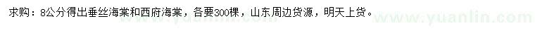 求購8公分垂絲海棠、西府海棠