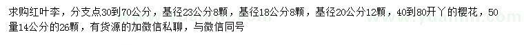 求購18、20、23公分紅葉李、50量14公分櫻花