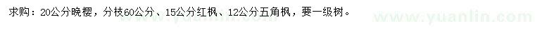 求購20公分晚櫻、15公分紅楓、12公分五角楓