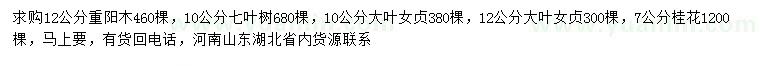 求購重陽木、七葉樹、大葉女貞等