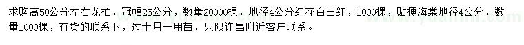 求購(gòu)龍柏、紅花百日紅、貼梗海棠