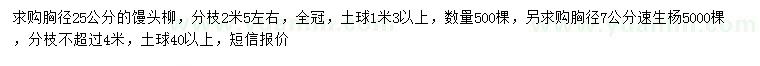 求購25公分饅頭柳、7公分速生楊