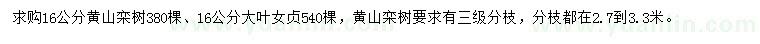 求購16公分黃山欒樹、大葉女貞