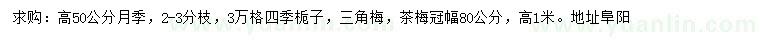 求購(gòu)月季、四季梔子、三角梅等