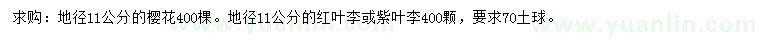 求購櫻花、紅葉李、紫葉李