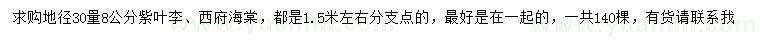 求購地徑30量8公分紫葉李、西府海棠