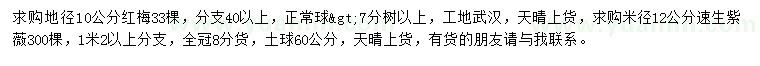 求購地徑10公分紅梅、米徑12公分速生紫薇