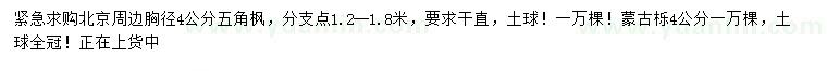 求購胸徑4公分五角楓、蒙古櫟