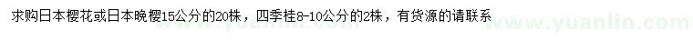 求購15公分日本櫻花或日本晚櫻、8-10公分四季桂