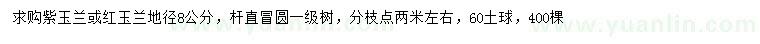 求購(gòu)地徑8公分紫玉蘭、紅玉蘭