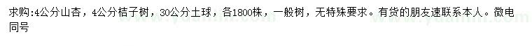 求購4公分山杏、桔子樹