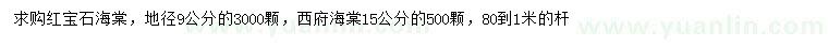 求購地徑9公分紅寶石海棠、15公分西府海棠