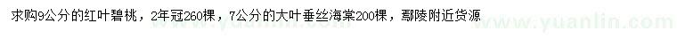 求購9公分紅葉碧桃、7公分大葉垂絲海棠