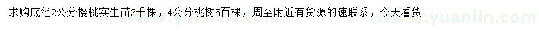 求購地徑2公分櫻桃樹、4公分桃樹